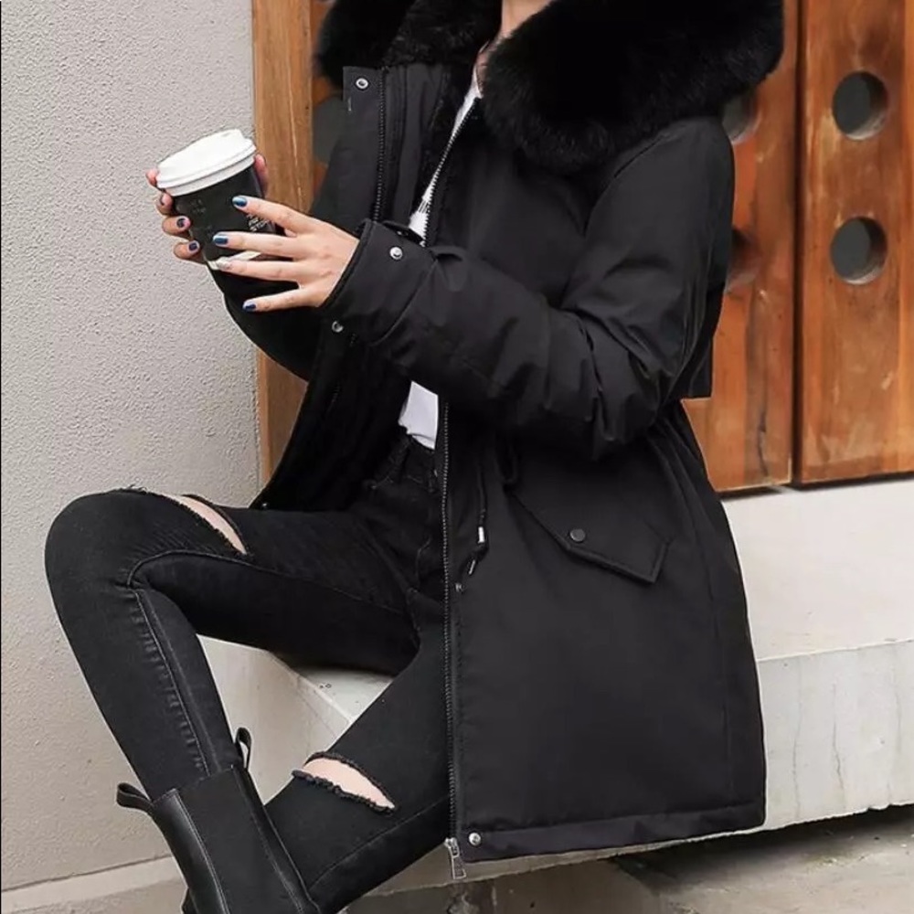 Black Faux Fur Warm Parka Wind Breaker Fleece Lined Hood Raincoat Coat Jacket - Picture 3 of 15